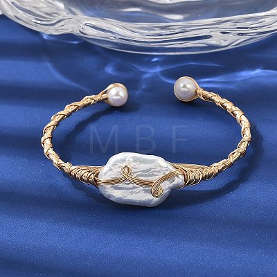 Brass Wire Wrapped Natural Baroque Pearl Cuff Bangles for Women BJEW-D453-02G-1
