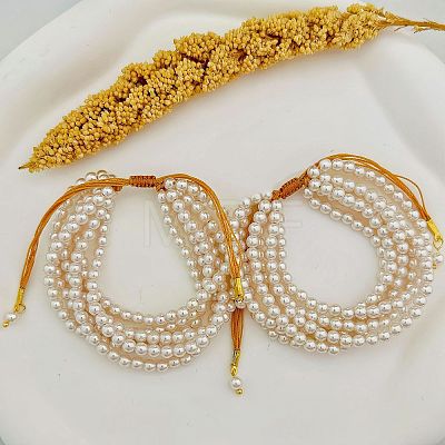 Adjustable Round Shell Pearl Multi-Strand Braided Bead Bracelets for Women WG86BBB-01-1