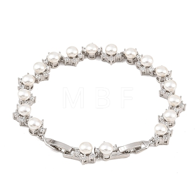 Platinum Tone Brass Micro Pave Cubic Zirconia & Plastic Pearl Tennis Bracelets BJEW-B160-16P-1