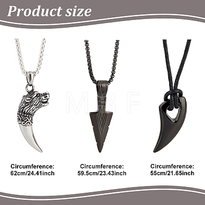 3Pcs 3 Styles Horn & Spearpoint & Wolf 304 Stainless Steel Pendant Necklaces Set with Wax Rope for Men Women NJEW-AN0001-45-1