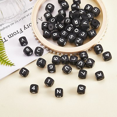 108 Pcs White Cube Silicone Beads Letter Number Square Dice Alphabet Beads with 2mm Hole Spacer Loose Letter Beads for Bracelet Necklace Jewelry Making JX438B-1