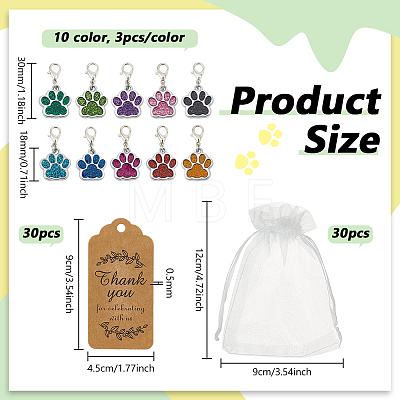 30Pcs 10 Colors Alloy Enamel Dog Paw Prints Pendant Decorations HJEW-PH02412-1