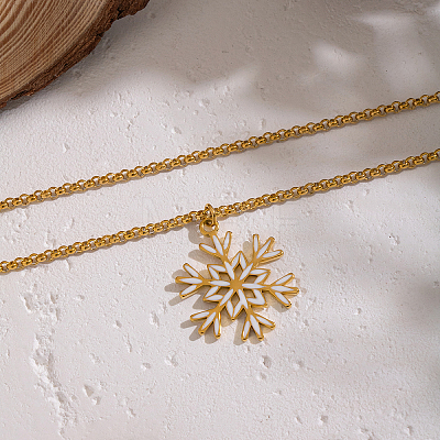 Minimalist 304 Stainless Steel Enamel White Snowflake Pendant Necklaces for Women NO8875-1