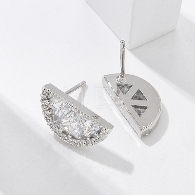 Half Round Brass Micro Pave Clear Cubic Zirconia Stud Earrings EJEW-M077-08P-1