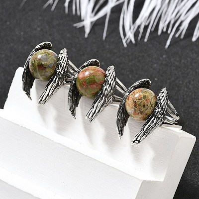 Natural Unakite Wings Adjustable Rings RJEW-K241-04AS-11-1