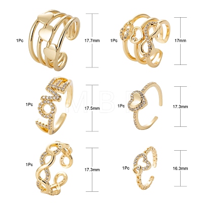 6Pcs 6 Styles Brass Micro Pave Clear Cubic Zirconia Cuff Rings RJEW-LS0001-45G-1