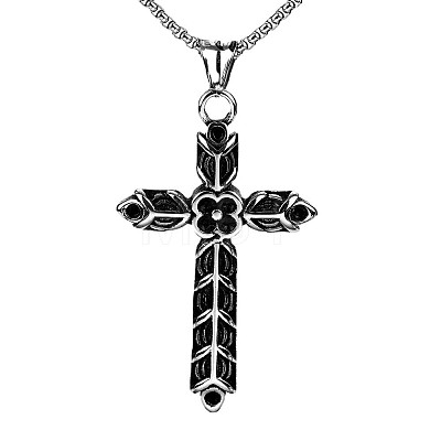 Vintage 304 Stainless Steel Double-Sided Viking Flower Cross Pendant Necklaces for Men Women WGAAC2B-01-1