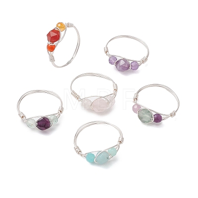 6Pcs Round Natural Rose Quartz & Amethyst & Fluorite & Carnelian & Amazonite & Red Agate Finger Ring GG-CJ3357-S-1