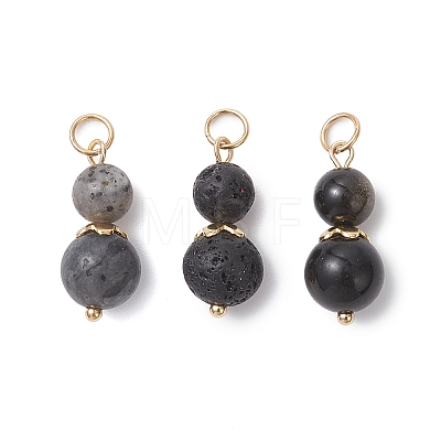 3Pcs 3 Styles Natural Lava Rock & Larvikite & Golden Sheen Obsidian Round Beaded Pendants PALLOY-JF04701-07-1