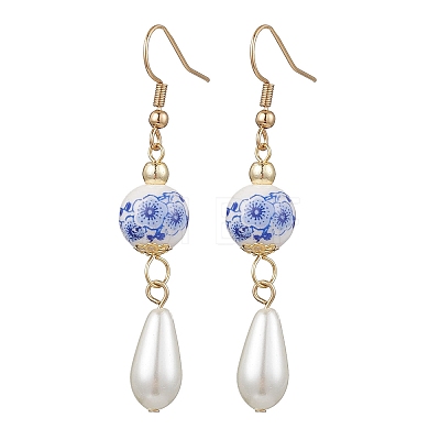 Round with Flower Pattern Porcelain Ceramic Dangle Earrings EJEW-JE06347-01-1