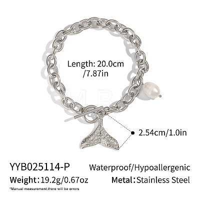 304 Stainless Steel Ocean Holiday Fish Tail Charm Bracelets with Natural Freshwater Pearl and OT Clasps TD7743-2-1