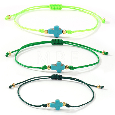 3Pcs Dyed Synthetic Green Turquoise & Brass Beaded Braided Bead Bracelets QB7029-16-1