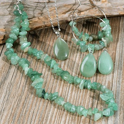 Bohemian Style Natural Green Aventurine Teardrop Pendant Necklaces & Chip Beaded Necklaces & Hoop Earrings & Dangle Earrings Sets WG11994-03-1