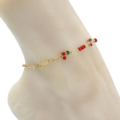 Brass Enamel Red Cherry Link and Paperclip Chain Anklets for Women AJEW-AN00815-1