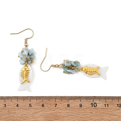 Fish Natural Shell & Natural Larimar Chips Dangle Earrings EJEW-JE07166-1