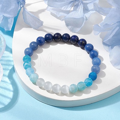 8mm Round Cat Eye & Natural Lapis Lazuli & Blue Aventurine & Dyed Crackle Agate Beaded Stretch Bracelets BJEW-TA00514-02-1