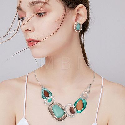 Oval Alloy Enamel Pendant Necklaces & Stud Dangle Earrings Sets for Women WG437DC-01-1