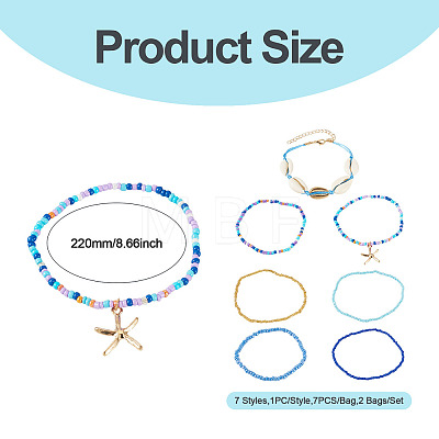 2 Bags Summer Beach Glass Seed Beaded & Natural Shell & Alloy Starfish Charm Anklet Sets AJEW-TA0003-69D-1