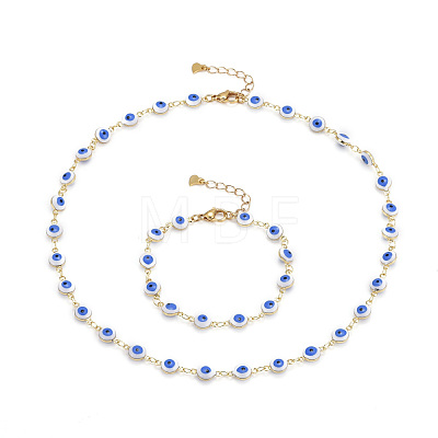 Brass Enamel Evil Eye Link Chain Bracelets & Necklaces Jewelry Sets SJEW-JS01191-1
