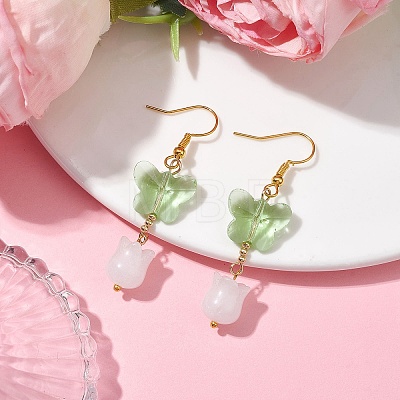 Butterfly Transparent Glass with Natural White Jade Dangle Earrings EJEW-JE05804-02-1