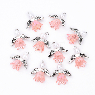 10Pcs Acrylic & Imitation Pearl Flower Angel Pendants PALLOY-YW00055-07-1