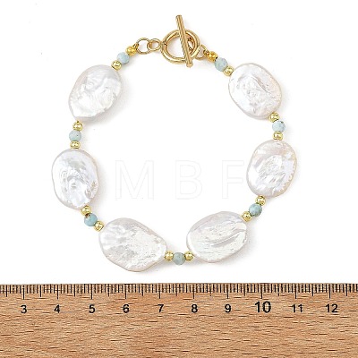 Natural Baroque Keshi Pearl Oval & Natural Larimar & Brass Beaded Bracelets BJEW-JB14338-1