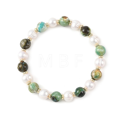 8MM Natural Green Line Jasper & Cultured Freshwater Pearl Round Beaded Stretch Bracelets for Women BJEW-JB14239-1