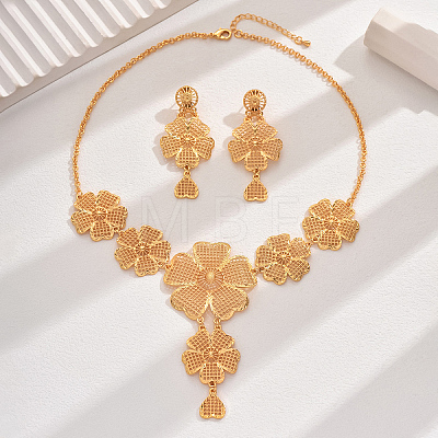 18K Gold Plated Flower Bib Necklace & Dangle Stud Earrings KR3850-1