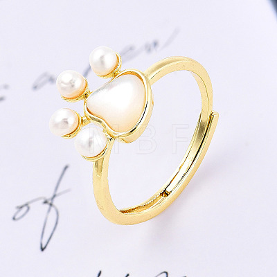 Natural Pearl Dog Paw Prints Adjustable Ring RJEW-T026-08G-1