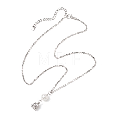 Alloy Rose Flower and Round Shell Pearl Pendant 304 Stainless Steel Cable Chain Necklaces for Women NJEW-JN05759-02-1