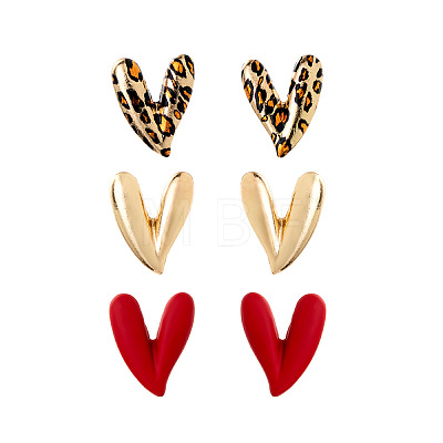 3 Pairs Heart with Leopard Print  Spray Painted Alloy Stud Earrings FS-WG7979B-01-1