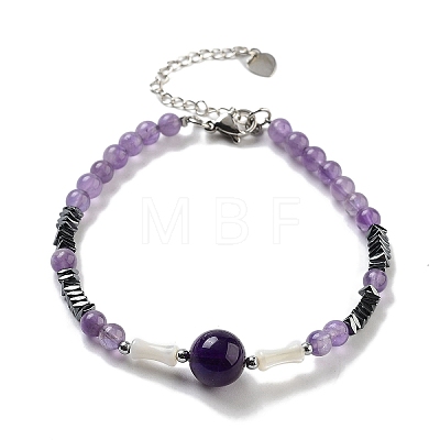 Natural Amethyst Round & Synthetic Non-magnetic Hematite & White Shell Beaded Bracelets for Women BJEW-K251-02F-1