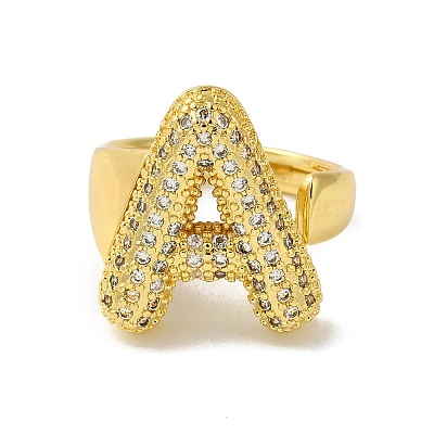 Letter Brass Micro Pave Clear Cubic Zirconia Open Cuff Ring for Women RJEW-N046-03A-G-1