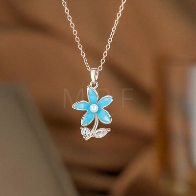 Brass Pave Clear Cubic Zirconia and Enamel Flower Pendant 304 Stainless Steel Cable Chain Necklaces for Women WG269F9-01-1