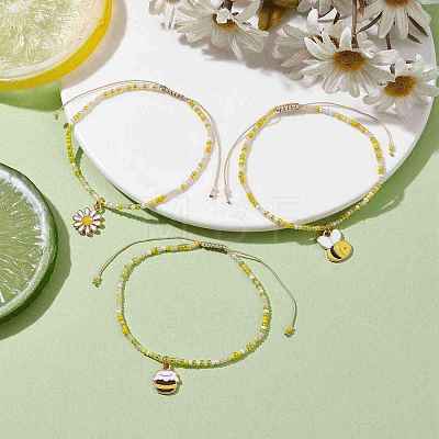 3Pcs 3 Style Bees & Flower Alloy Enamel Charm Bracelets Set BJEW-JB09952-1
