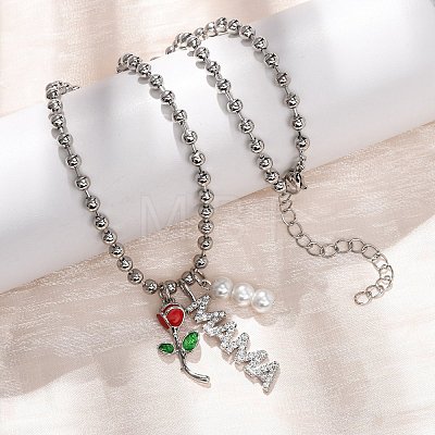 Mother's Day Brass Micro Pave Clear Cubic Zirconia Enamel Red Rose Flower Mama Pendant Necklaces for Women NJEW-A071-02P-1