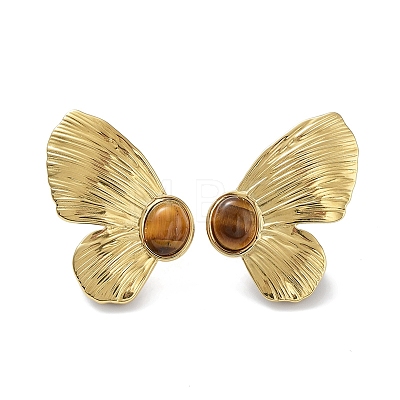 201 Natural Stainless Steel Butterfly with Natural Tiger Eye Stud Earrings EJEW-D084-08G-1