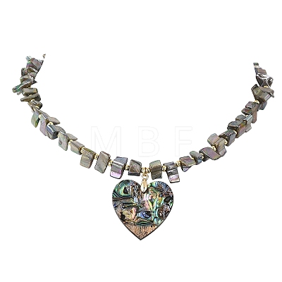 Natural Paua Shell Heart Pendant Electroplated Natural Freshwater Shell Beaded Necklaces NJEW-JN06325-1
