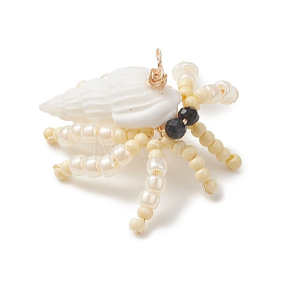 Faceted Round Natural Black Spinel & Natural Trumpet Shell & Glass Seed Beaded Crab Pendants PALLOY-MZ01177-02-1
