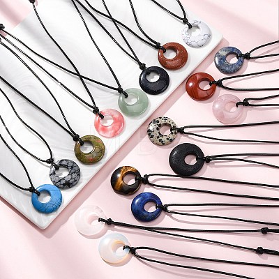 Ring Natural & Synthetic Mixed Gemstone Pendant Black Waxed Cord Adjustable Necklaces NJEW-G169-02-1