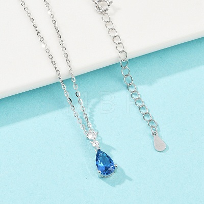 925 Sterling Silver Sapphire Rhinestone Teardrop Pendant Necklace for Women NJEW-V013-01P-1