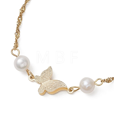 Brass Charms and Natural Cultured Freshwater Pearl Link Bracelets BJEW-JB13126-1
