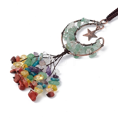 Natural Green Aventurine Moon with Mixed Gemstone Chips Tassel Pendant Decorations G-L524-07R-A06-1