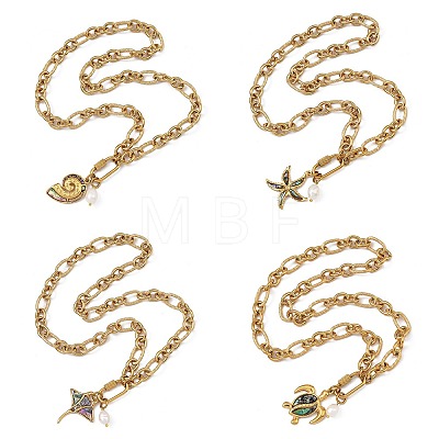Ocean Natural Paua Shell 304 Stainless Steel Sea Animals & Rice Natural Pearl Pendant Figaro Chain Necklaces NJEW-JN06304-1