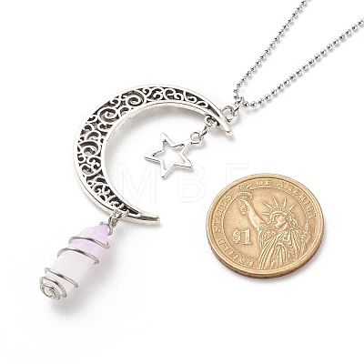 Natural Purple White Jade Bullet with Alloy Moon and Star Pendant Necklace NJEW-JN03912-02-1