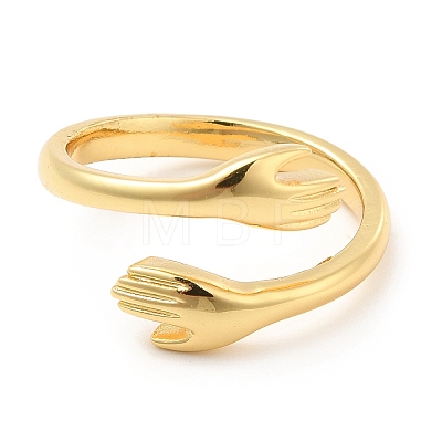 Rack Plating Brass Hand Hug Open Cuff Ring for Women RJEW-E064-04G-1