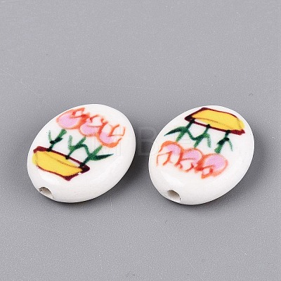 Hand Painted Tulip Flower Oval Porcelain Beads PORC-N012-11C-1