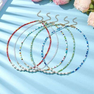 Boho Glass Beads & Shell Pearl Beaded Necklaces NJEW-JN04975-1