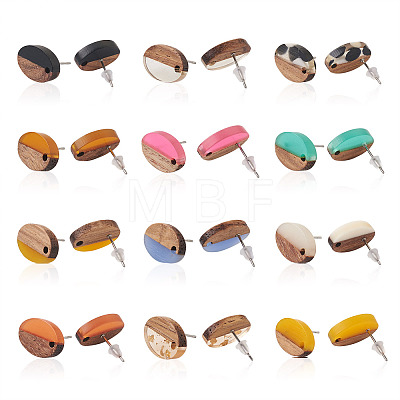 Craftdady 12Pairs 12 Colors Opaque Resin & Walnut Wood Stud Earring Findings MAK-CD0001-05-1