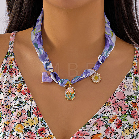 Printed Cloth Scarf Necklaces with Zinc Alloy Enamel & Resin Rectangle Flower Pendants FS-WG7AF07-05-1